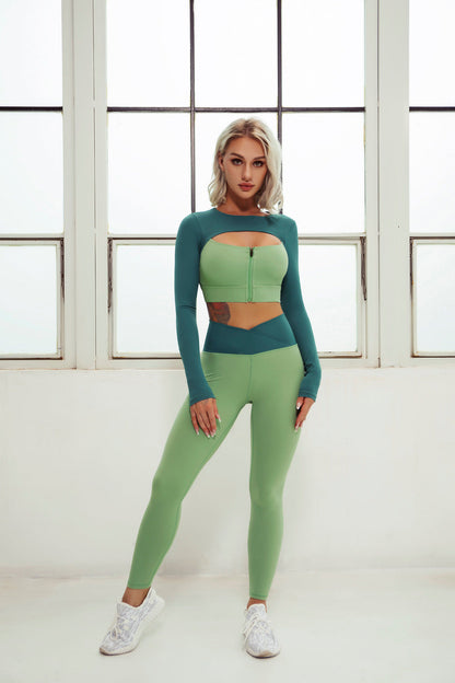 2 Piece Yoga Sets Zipper Crop Top Layered Long Sleeve Crop Top High Waisted Wrap V Waist Leggings The Clothing Company Sydney