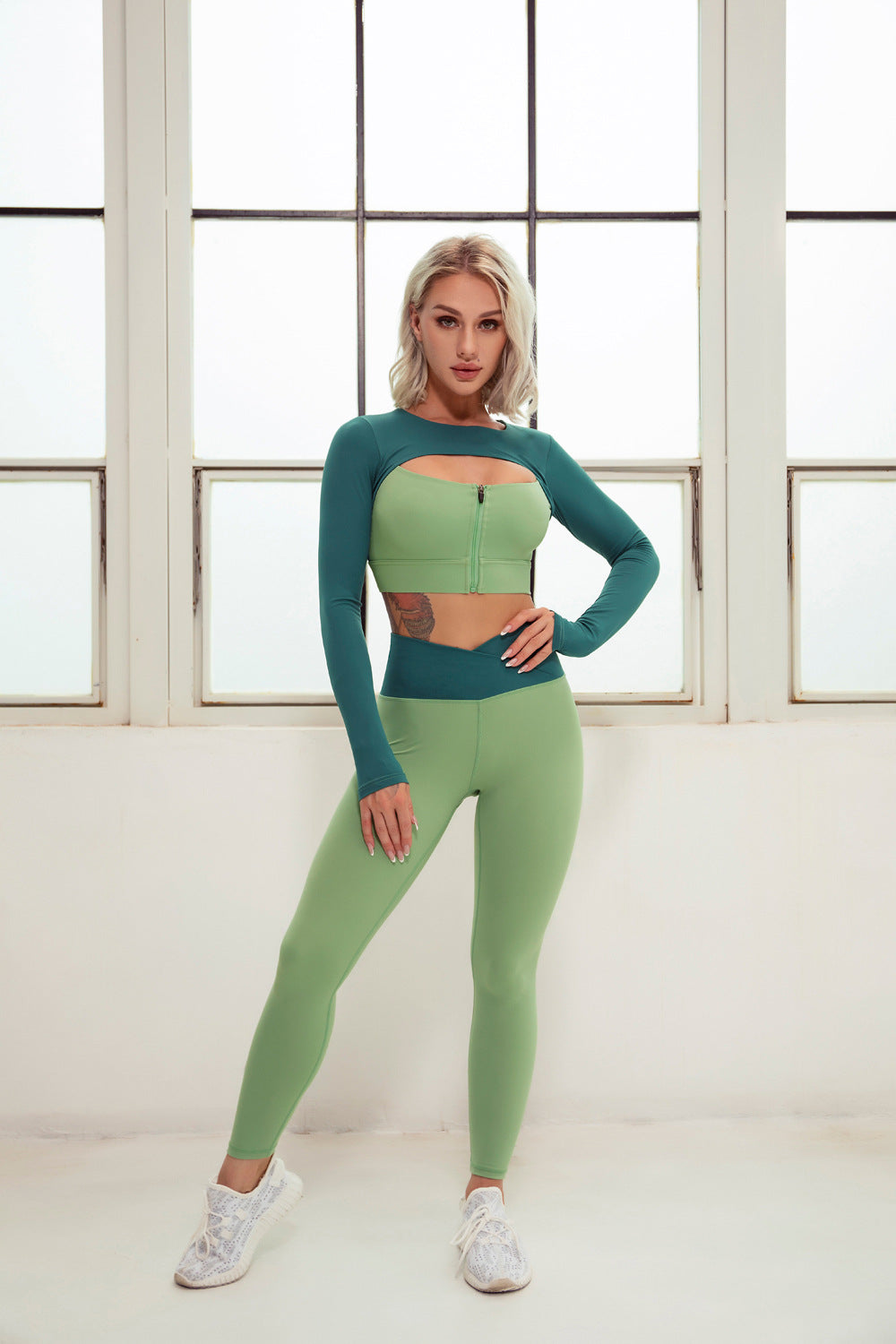 2 Piece Yoga Sets Zipper Crop Top Layered Long Sleeve Crop Top High Waisted Wrap V Waist Leggings The Clothing Company Sydney