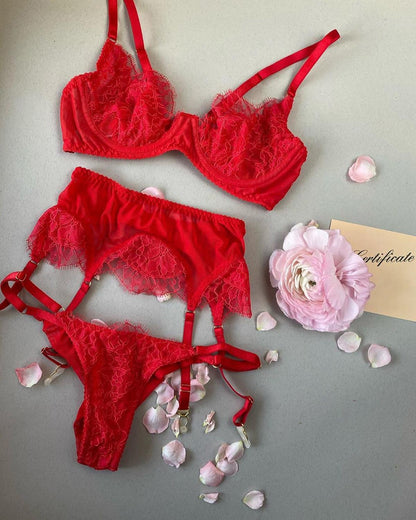 3 Piece Lingerie Underwear Lace Push Up Bra Underwire  Brief Garters and Thongs Intimate Outfit Set The Clothing Company Sydney