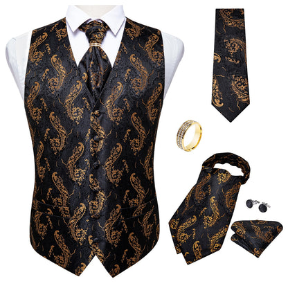 5 Piece Men Gold Paisley Silk Waistcoat Ascot Tie Pocket Square Necktie Ring Set Wedding Formal Dress Vests Set The Clothing Company Sydney