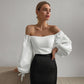 Elegant T Shirt Slash Neck Lantern Sleeve Bandage Solid White Tops Autumn Casual Slim Office Top The Clothing Company Sydney