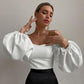 Elegant T Shirt Slash Neck Lantern Sleeve Bandage Solid White Tops Autumn Casual Slim Office Top The Clothing Company Sydney