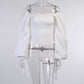 Elegant T Shirt Slash Neck Lantern Sleeve Bandage Solid White Tops Autumn Casual Slim Office Top The Clothing Company Sydney