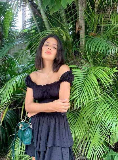 Boho Inspired shirred ruffled neckline tiered mini summer dress rayon cute puff sleeve boho dress The Clothing Company Sydney