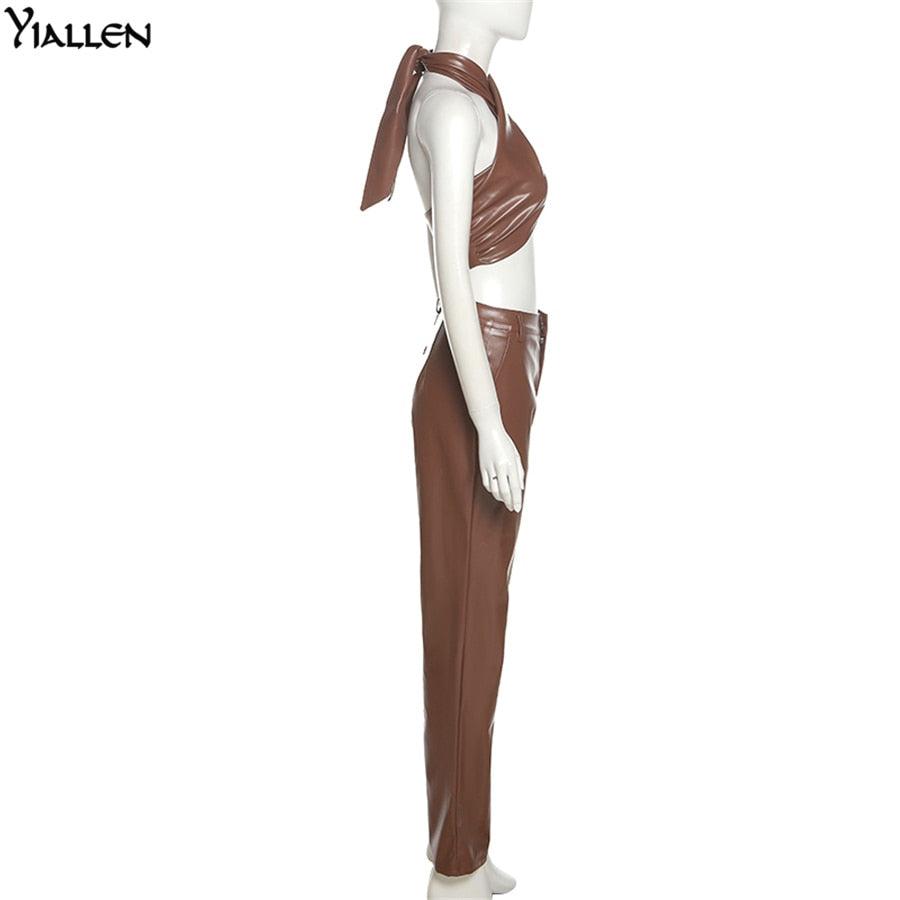 Autumn New PU leather Halter Sleeveless Crop Top And High Waist Straight Long Pants Casual Two Piece Sets The Clothing Company Sydney