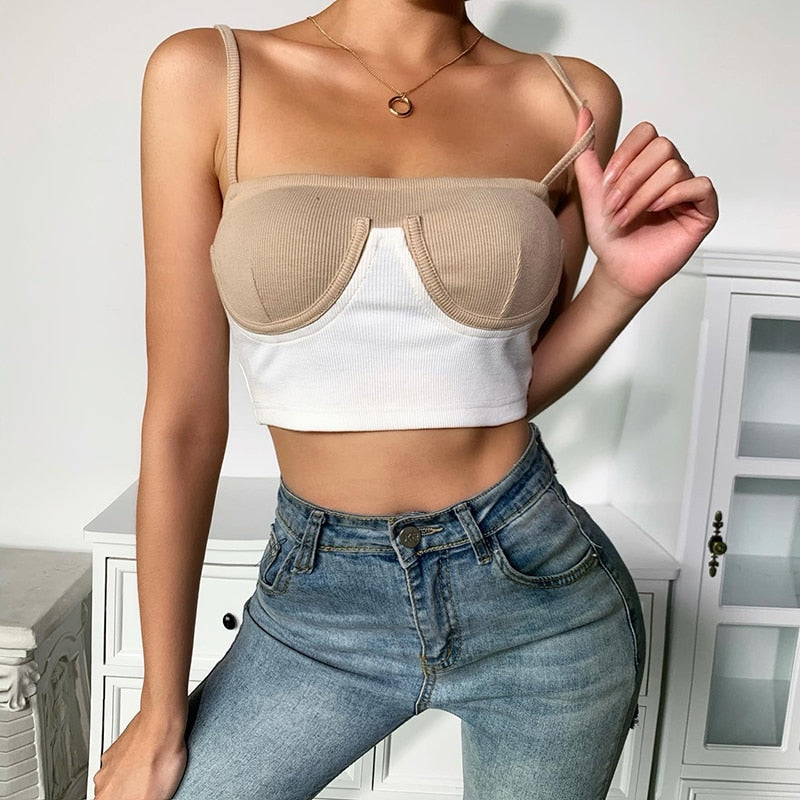 Cami top summer rib knit bikini patchwork slash neck slim skinny backless crop top casual strap top The Clothing Company Sydney