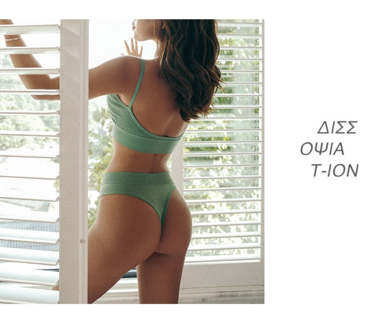 2 Piece Cotton Mix Underwear Short Ribbed Brassiere Thong Low Waist Panties Women Seamless Bra Lingerie Set The Clothing Company Sydney