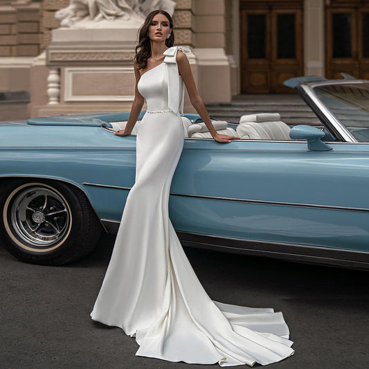 Elegant Sleeveless Mermaid Wedding Dresses Sweep Train Bows Sashes Square Collar Covered Button Bridal Gowns The Clothing Company Sydney