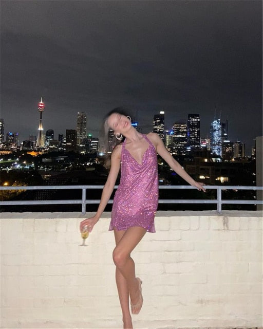 Rhinestone Mini Party Backless Pink Halter Night Club Glitter Sequin Dress The Clothing Company Sydney