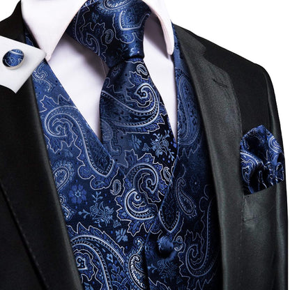 Men's Vests and Tie Business Formal Dresses Slim Vest 4piece Hanky cufflinks for Suit Blue Paisley Waistcoat The Clothing Company Sydney