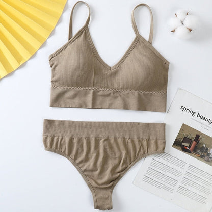 2 Piece Cotton Mix Underwear Short Ribbed Brassiere Thong Low Waist Panties Women Seamless Bra Lingerie Set The Clothing Company Sydney