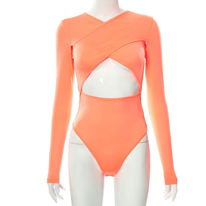Hollow Out Body Tops Solid Casual Slim Long Sleeve Bodysuit Autumn Bodycon Bodysuit The Clothing Company Sydney