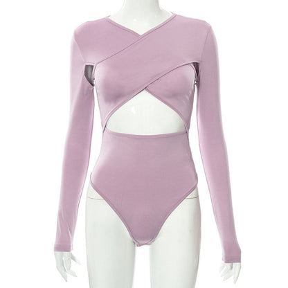Hollow Out Body Tops Solid Casual Slim Long Sleeve Bodysuit Autumn Bodycon Bodysuit The Clothing Company Sydney