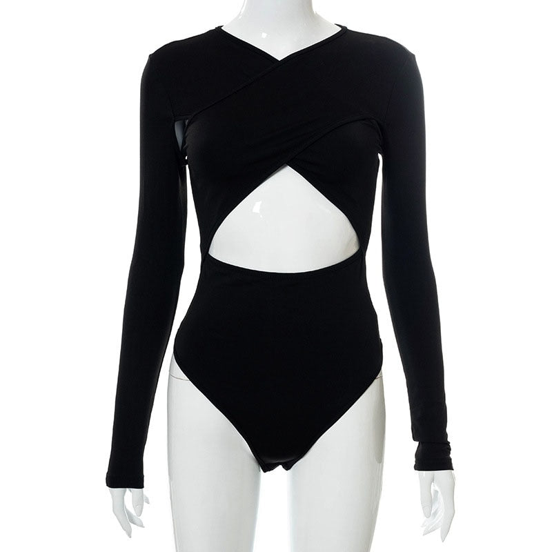 Hollow Out Body Tops Solid Casual Slim Long Sleeve Bodysuit Autumn Bodycon Bodysuit The Clothing Company Sydney