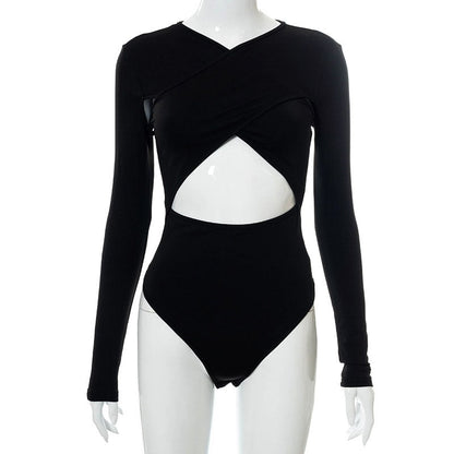 Hollow Out Body Tops Solid Casual Slim Long Sleeve Bodysuit Autumn Bodycon Bodysuit The Clothing Company Sydney