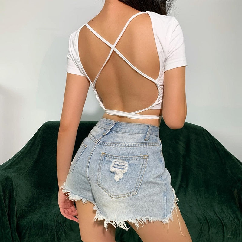 Backless t shirt crop top summer short sleeve lace up criss cross party club streetwear T shirt slim tops The Clothing Company Sydney