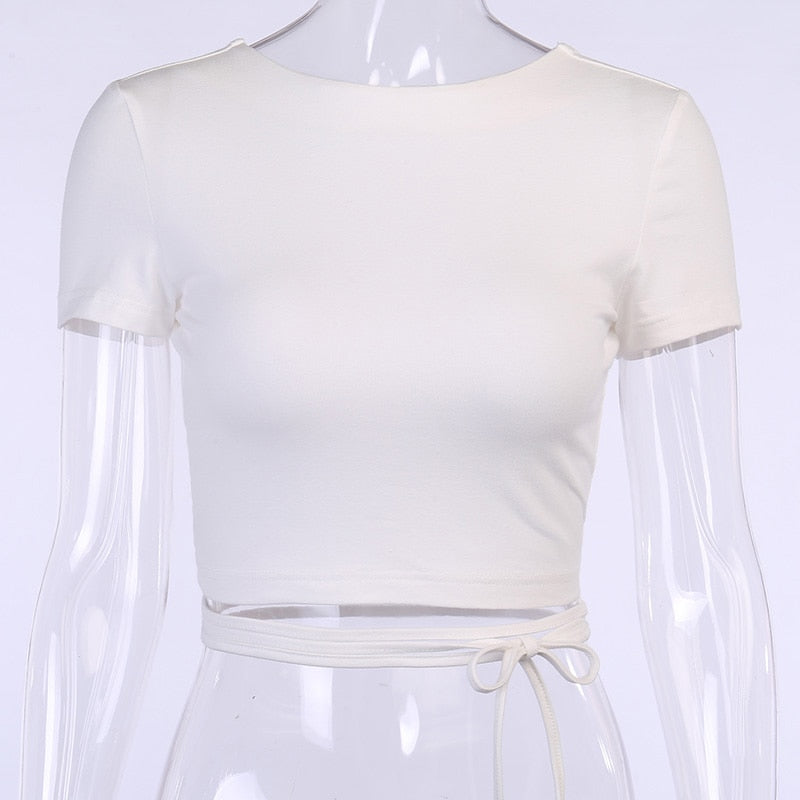 Backless t shirt crop top summer short sleeve lace up criss cross party club streetwear T shirt slim tops The Clothing Company Sydney