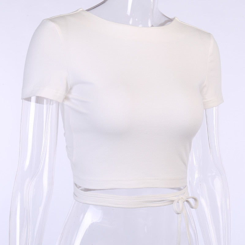 Backless t shirt crop top summer short sleeve lace up criss cross party club streetwear T shirt slim tops The Clothing Company Sydney