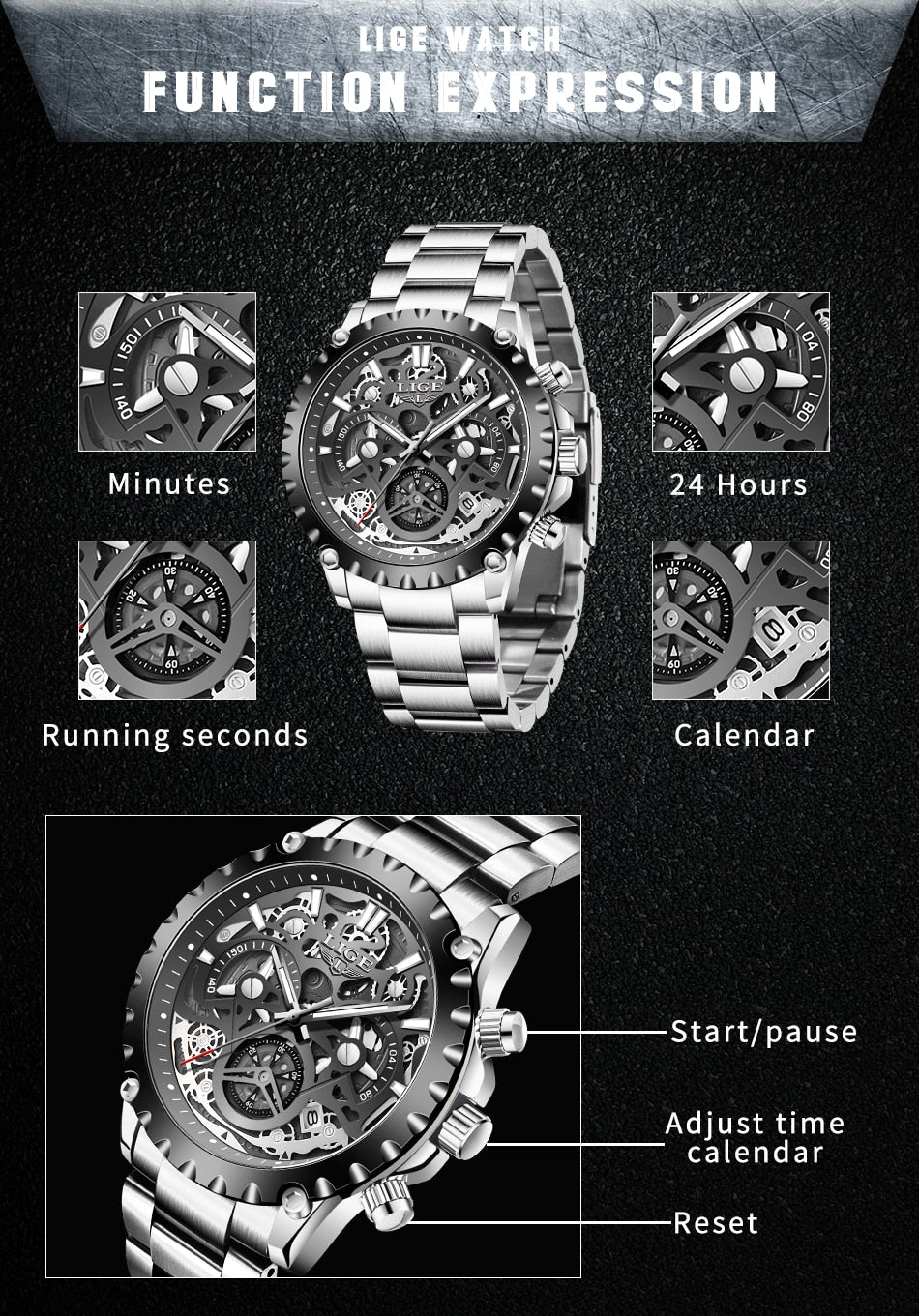 Stainless Steel Hollow Mens Watches Top Brand Sport Waterproof Quartz Watch Men Military Wristwatch The Clothing Company Sydney