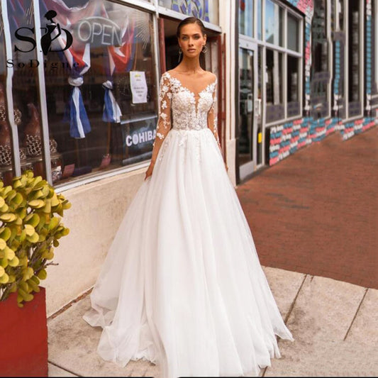 Boho Wedding V Neck Lace Appliques Bride Long Sleeves Princess Tulle Wedding Gown Dress The Clothing Company Sydney
