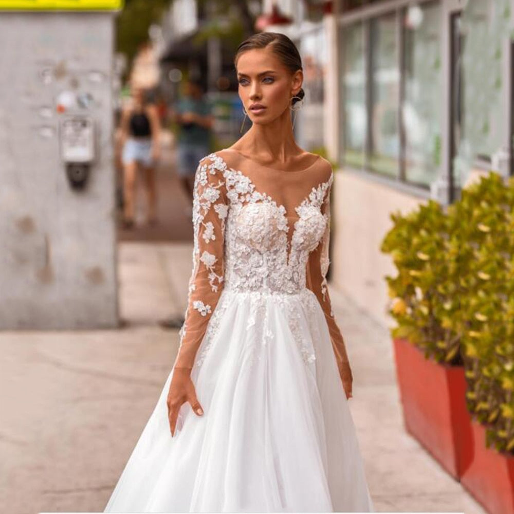 Boho Wedding V Neck Lace Appliques Bride Long Sleeves Princess Tulle Wedding Gown Dress The Clothing Company Sydney