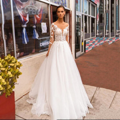 Boho Wedding V Neck Lace Appliques Bride Long Sleeves Princess Tulle Wedding Gown Dress The Clothing Company Sydney