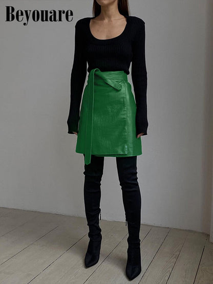 Faux Leather Crocodile Pattern A-Line Skirt Elegant Green High Waist Split Mini Skirt The Clothing Company Sydney