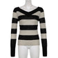 V Neck Stripe Long Sleeve Knitted Sweater Tops Casual Basic Vintage Autumn Pullover Top The Clothing Company Sydney