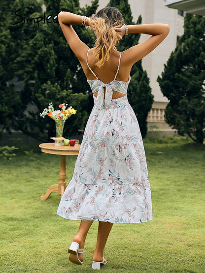 Spaghetti strap floral v-neck backless Summer a-line high waist sundress white  Elegant print Dress The Clothing Company Sydney
