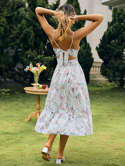 Spaghetti strap floral v-neck backless Summer a-line high waist sundress white  Elegant print Dress The Clothing Company Sydney