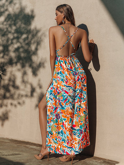 Holiday print straps backless summer party High waist lace up split maxi V-neck beach Dress The Clothing Company Sydney