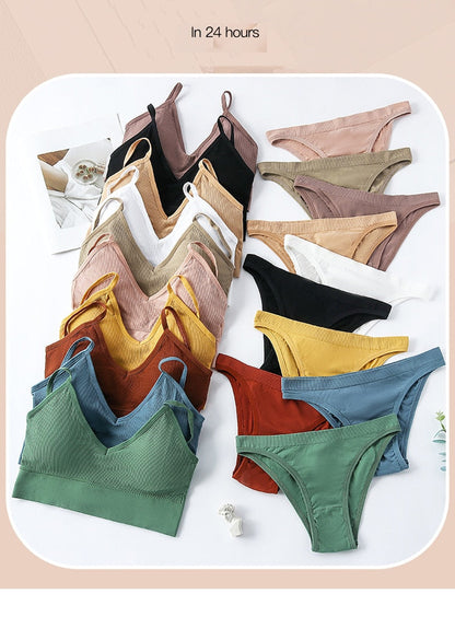 5 Piece Cotton Bra Set 1 Bra + 3 Panties Set Seamless Bra G String Thong Comfortable Sport Underwear Soft Lingerie The Clothing Company Sydney
