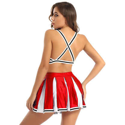 2 Piece Cheerleader Costume Cosplay Elastic Striped Shoulder Straps Back Cross Crop Top with High Waist Pleated Skirt The Clothing Company Sydney