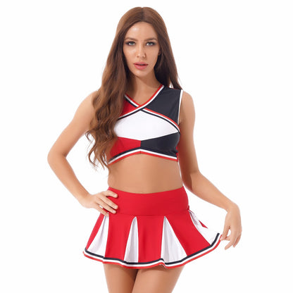 2 Piece Cheerleader Costume Cosplay Elastic Striped Shoulder Straps Back Cross Crop Top with High Waist Pleated Skirt The Clothing Company Sydney