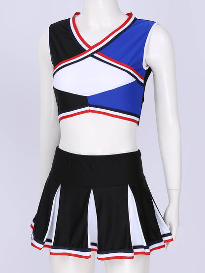2 Piece Cheerleader Costume Cosplay Elastic Striped Shoulder Straps Back Cross Crop Top with High Waist Pleated Skirt The Clothing Company Sydney