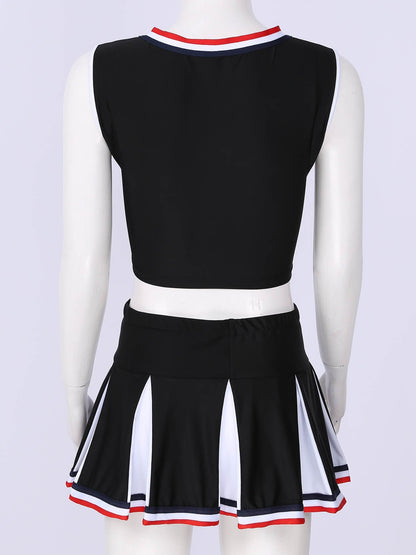 2 Piece Cheerleader Costume Cosplay Elastic Striped Shoulder Straps Back Cross Crop Top with High Waist Pleated Skirt The Clothing Company Sydney