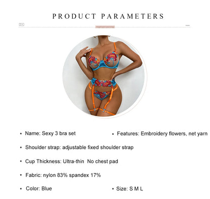 3 Piece Transparent Floral Lace Lingerie Set Garter Lace Blue Underwear Fancy Beautiful Thongs Breves Sets The Clothing Company Sydney