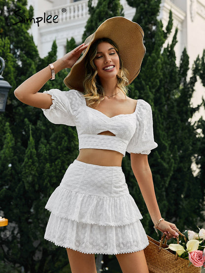 Simplee Holiday puff short sleeve square collar women skirt set white Summer a-line ruffle lace up suit Hollow out two piece set The Clothing Company Sydney