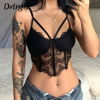 Fashion Chic Strap Corset Black Lace Top Solid Transparent Club Party Summer Crop Tops Camisole The Clothing Company Sydney