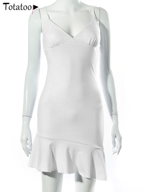 Elegant V Neck Ruffles Strap Bodycon Summer Sleeveless Office Lady Vintage Party White Dress The Clothing Company Sydney