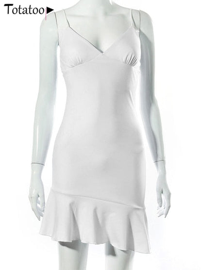 Elegant V Neck Ruffles Strap Bodycon Summer Sleeveless Office Lady Vintage Party White Dress The Clothing Company Sydney