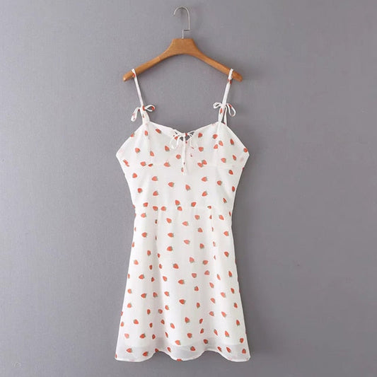 Strawberry Print White Chiffon Spaghetti Strap Vintage Boho Summer Beach Maxi Dress Sleeveless Sundress The Clothing Company Sydney