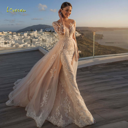Long Sleeve Lace Mermaid Illusion Detachable Train Trumpet Vintage Bridal Gown Wedding Dress The Clothing Company Sydney