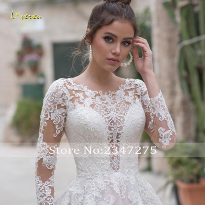 Long Sleeve Lace Vintage Scoop Neck Appliques Sweep Train A-Line Bridal Gowns Wedding Dress The Clothing Company Sydney