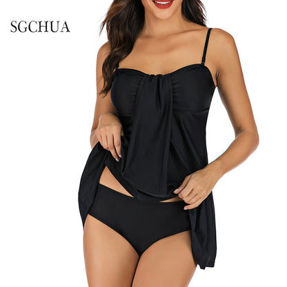 Black Tankini with Golden S Belt Plus Size Two Piece Swimsuit Women Beach Boxer Swimwear The Clothing Company Sydney