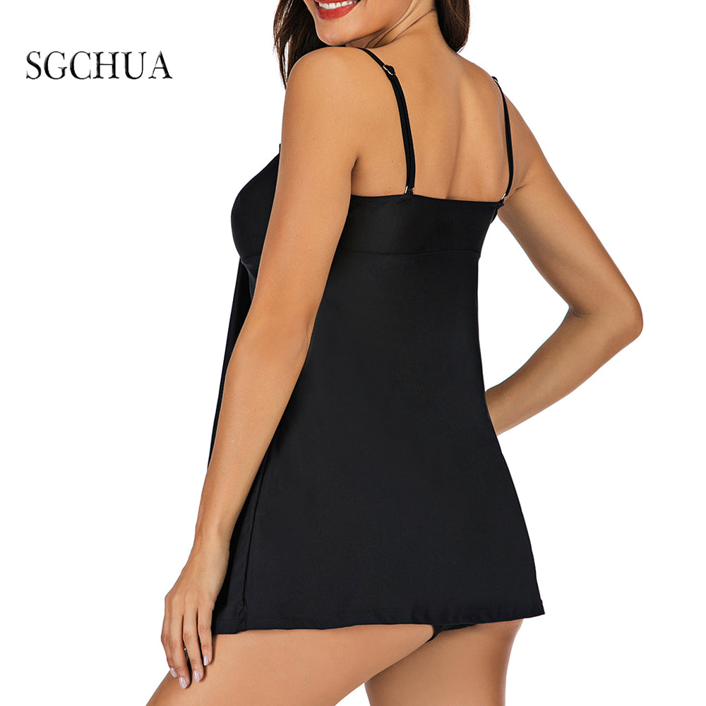 Black Tankini with Golden S Belt Plus Size Two Piece Swimsuit Women Beach Boxer Swimwear The Clothing Company Sydney