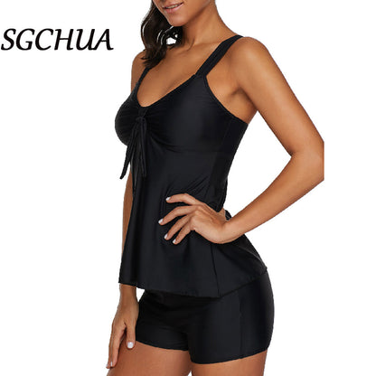 Black Tankini with Golden S Belt Plus Size Two Piece Swimsuit Women Beach Boxer Swimwear The Clothing Company Sydney