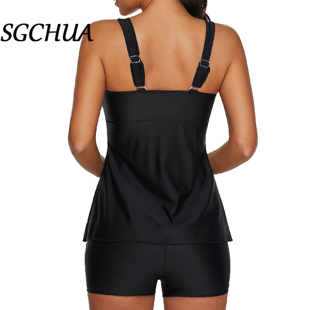 Black Tankini with Golden S Belt Plus Size Two Piece Swimsuit Women Beach Boxer Swimwear The Clothing Company Sydney