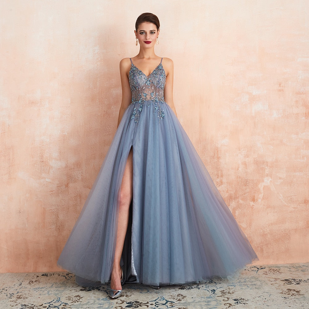 Spaghetti Straps Evening New Arrival V-Neck Rhinestones Beading Formal Prom Gowns with Slit Dresses The Clothing Company Sydney