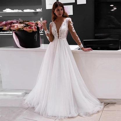Lace Long Sleeve Sheer Illusion Neckline Boho Wedding Gowns Vintage Bride Wedding Dresses The Clothing Company Sydney